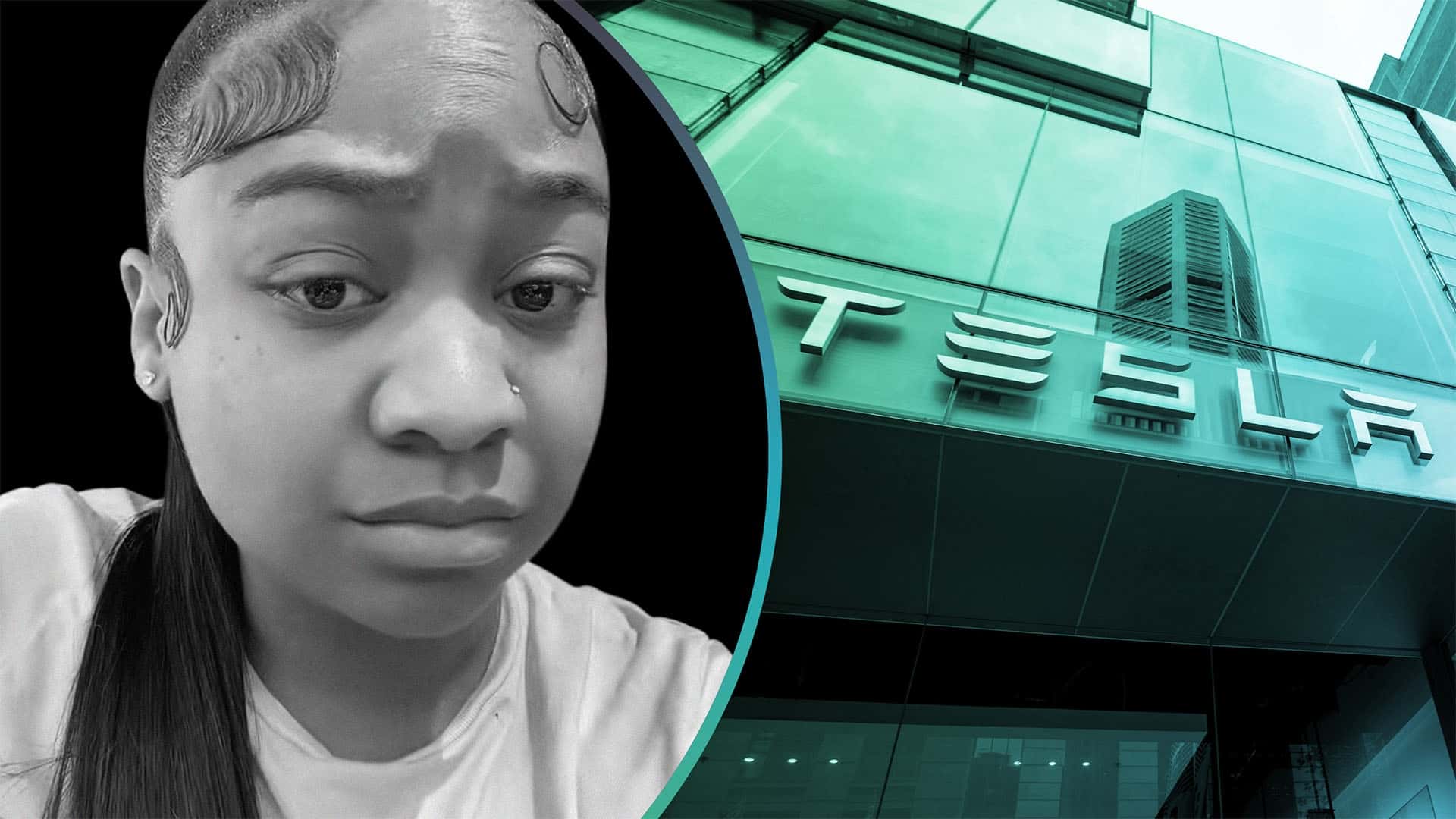 En kvinde foran en Tesla-bygning