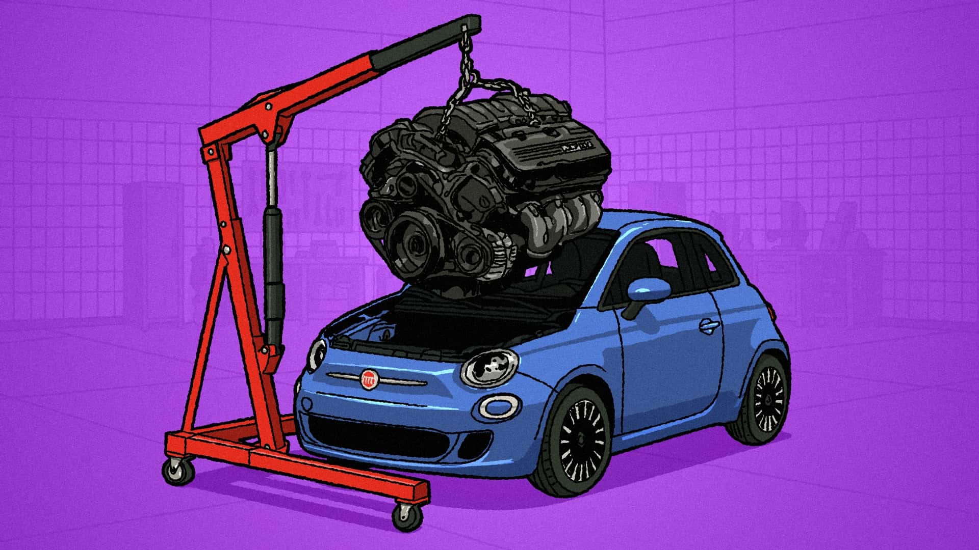 Illustration af en bilmotor, der bliver fjernet fra en blå bil ved hjælp af en motorløfter på lilla baggrund