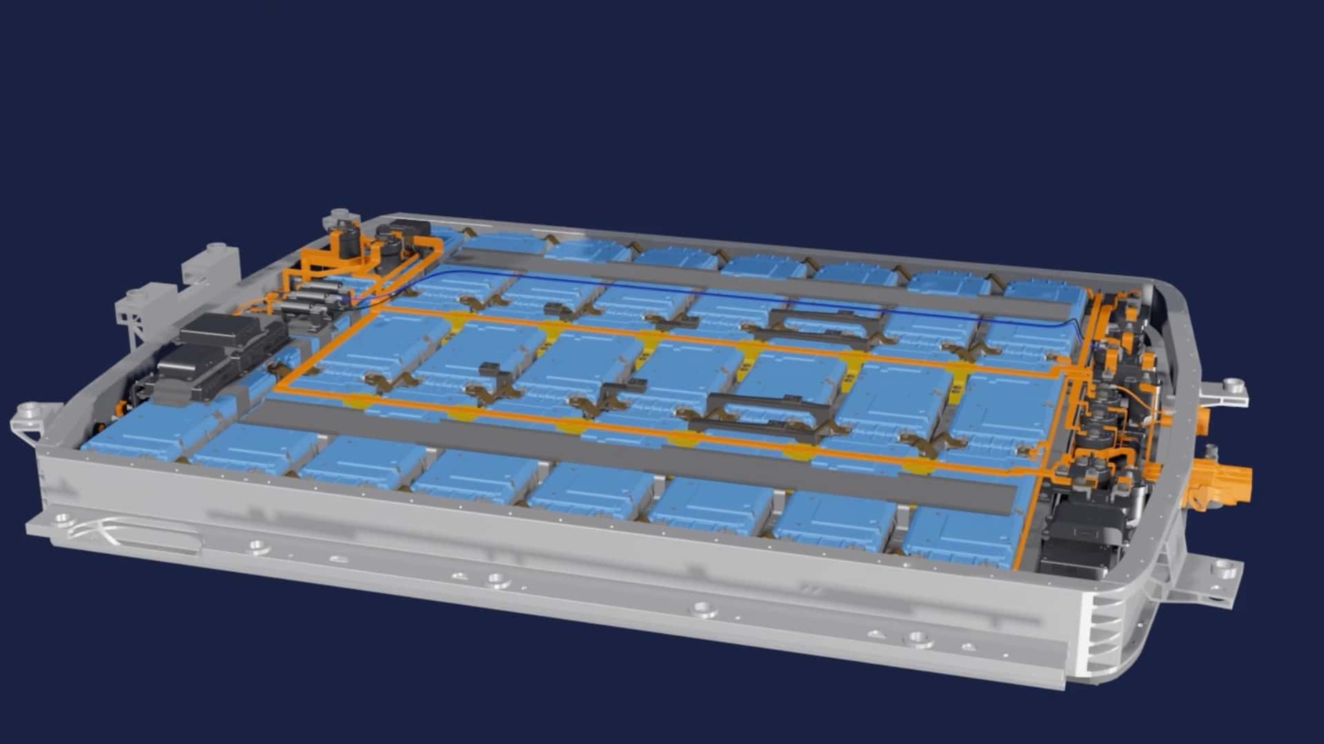 Nærbillede af Tesla batterimodul med blå celler og orange ledninger