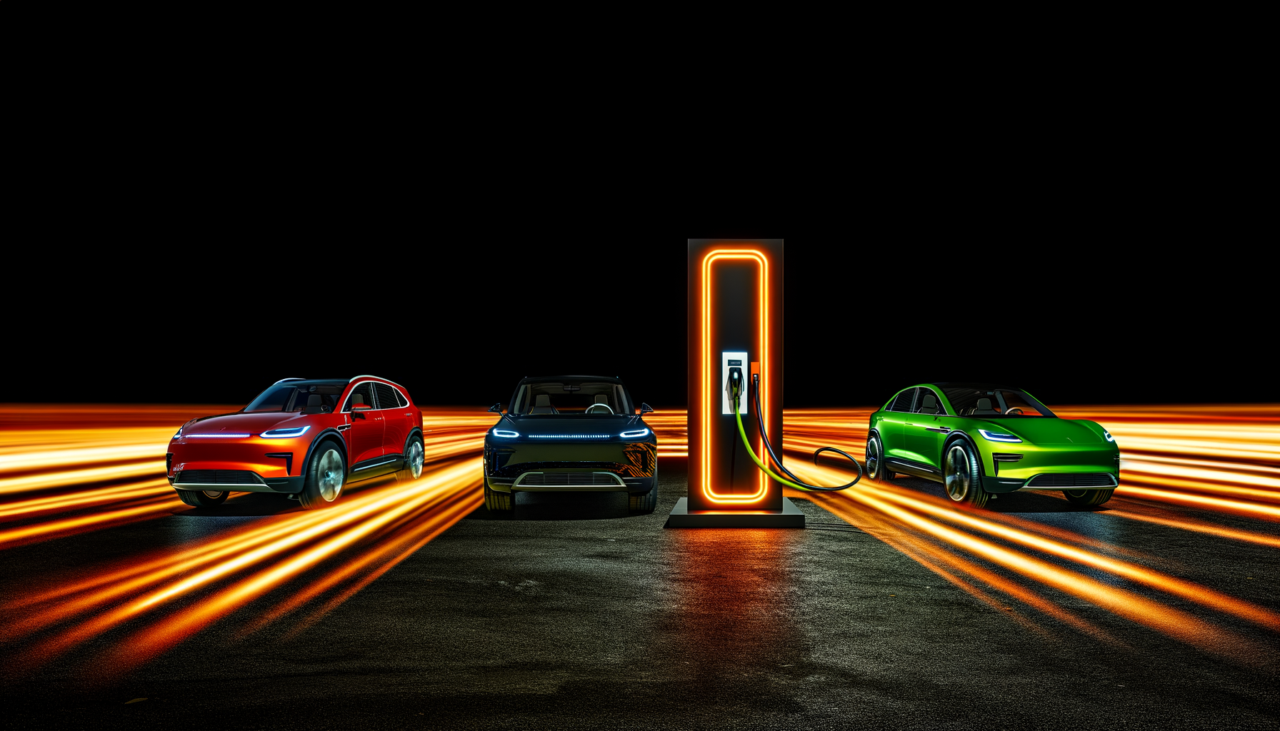Tre elektriske biler ved en opladningsstation med strømlinjelys i bevægelse.