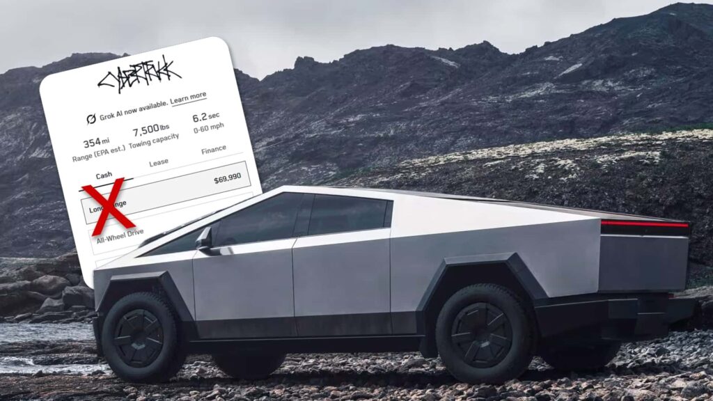 Tesla Cybertruck foran bjergrig baggrund med detaljer om pris og specifikationer