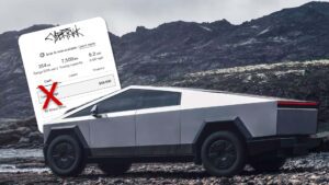Tesla Cybertruck foran bjergrig baggrund med detaljer om pris og specifikationer