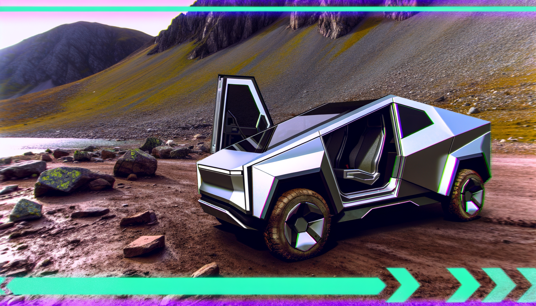 Tesla Cybertruck parkeret i et naturmiljø med åbne døre og futuristisk design