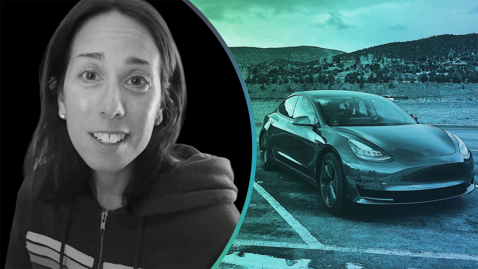 Person ved siden af Tesla Model 3 i naturskønne omgivelser