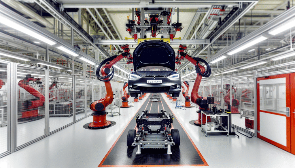 Tesla bilproduktion i en moderne fabrik med robotarme