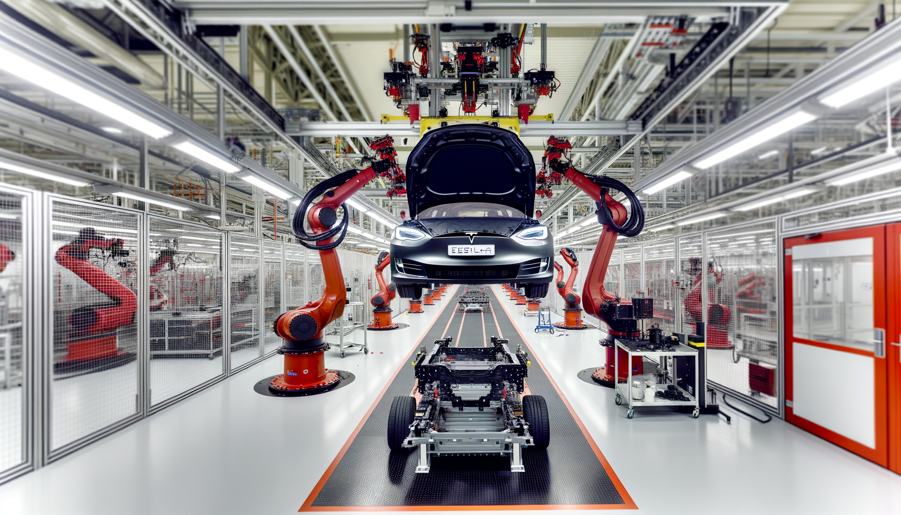 Tesla bilproduktion i en moderne fabrik med robotarme