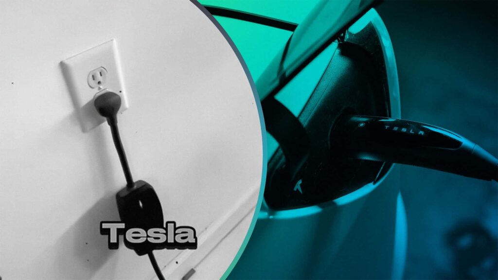 Tesla oplader tilsluttet stikkontakt og bil