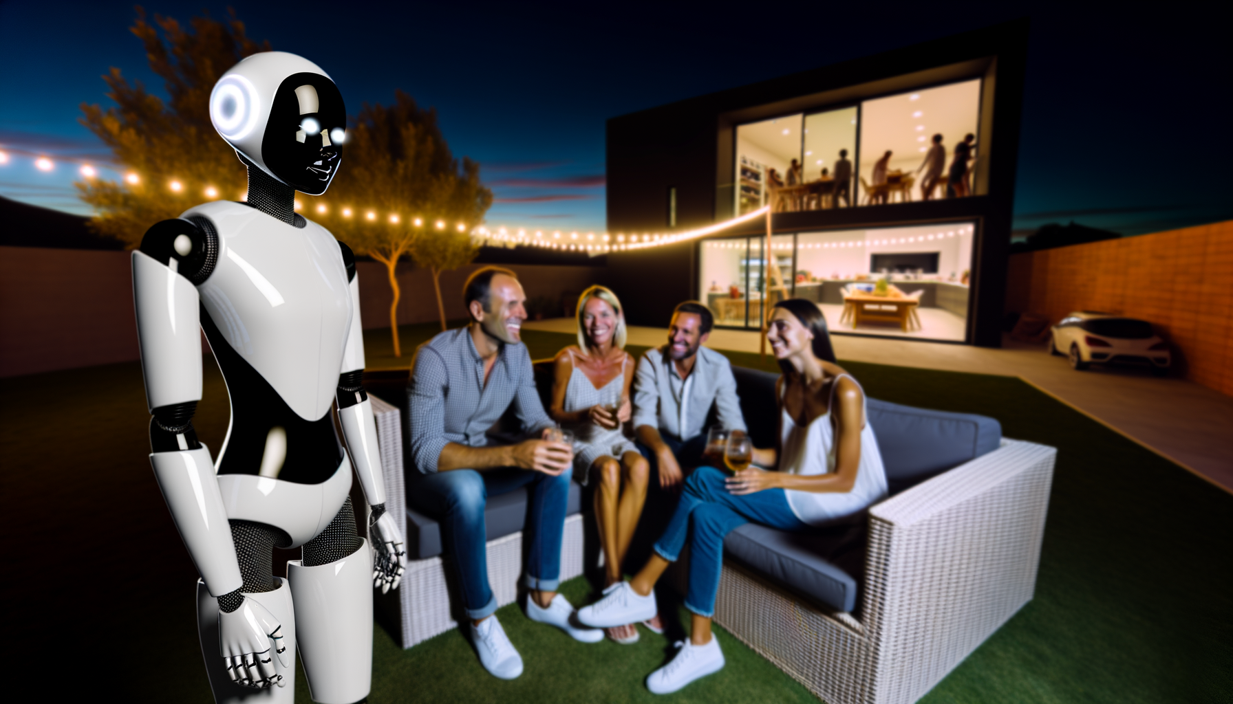 Robot deltager i socialt samvær i moderne have med Tesla i baggrunden
