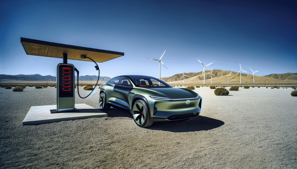 Elektrisk bil oplader ved en solenergi-ladestation i en ørken med vindmøller i baggrunden