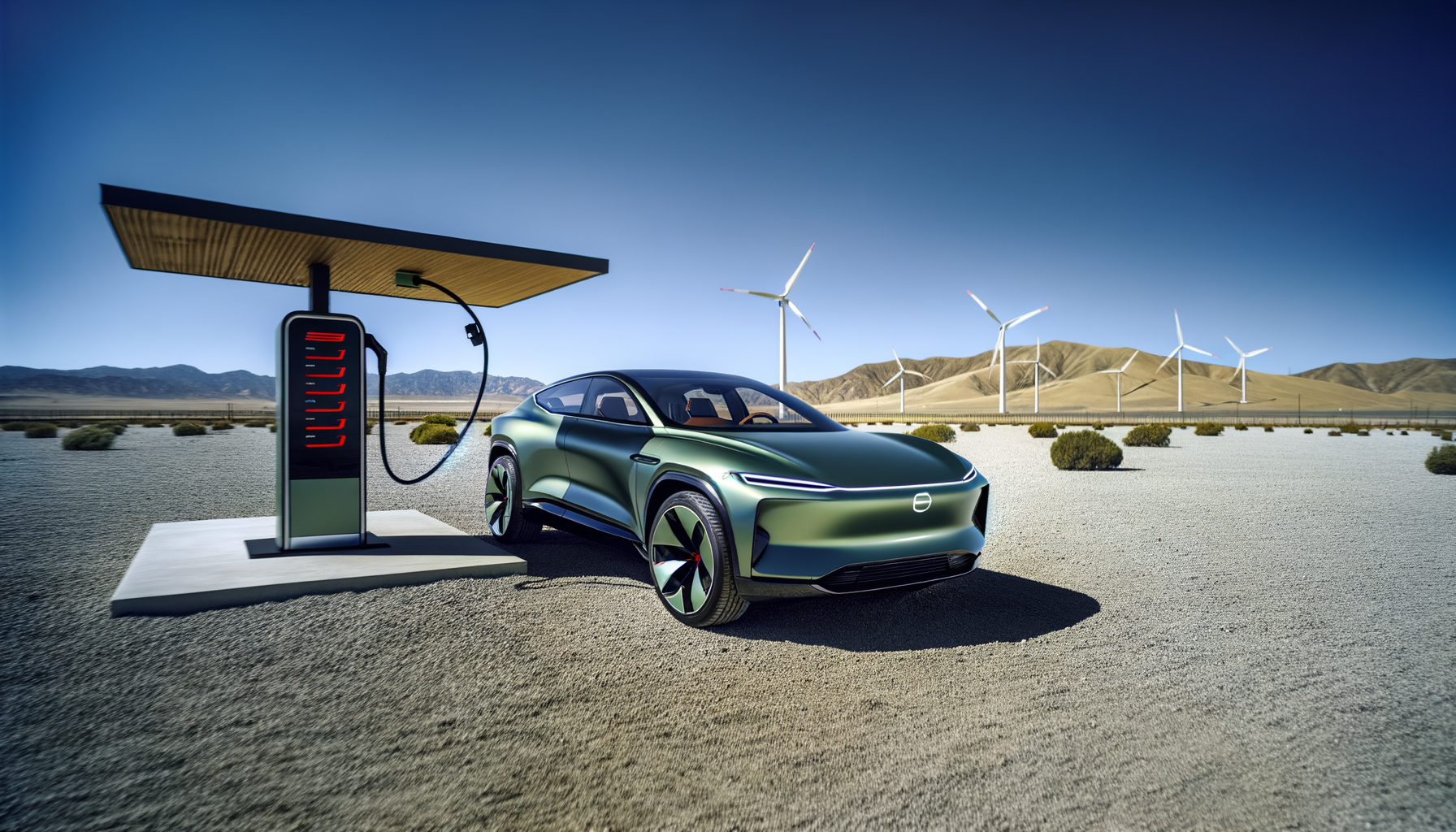 Elektrisk bil oplader ved en solenergi-ladestation i en ørken med vindmøller i baggrunden
