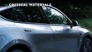 Tesla bil med fokus på kritiske materialer i skovmiljø