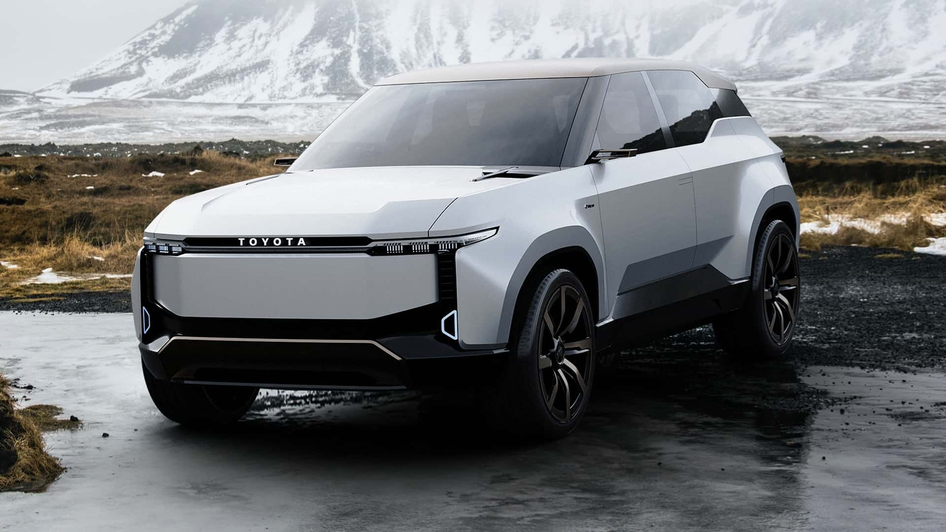 Futuristisk designet Toyota elektrisk SUV i et sneklædt naturlandskab