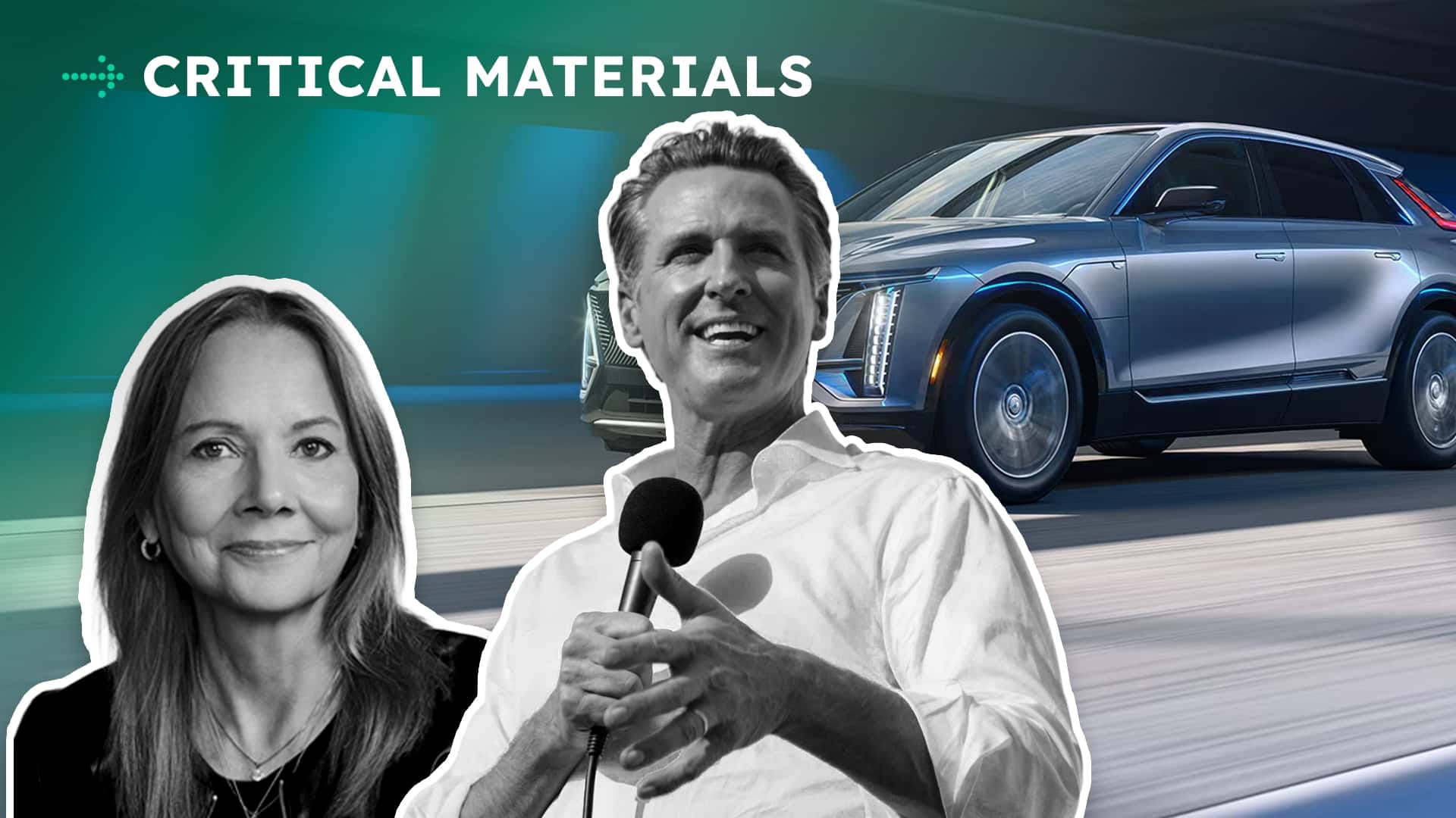 Bil kører hurtigt på motorvej med teksten 'CRITICAL MATERIALS' i baggrunden.
