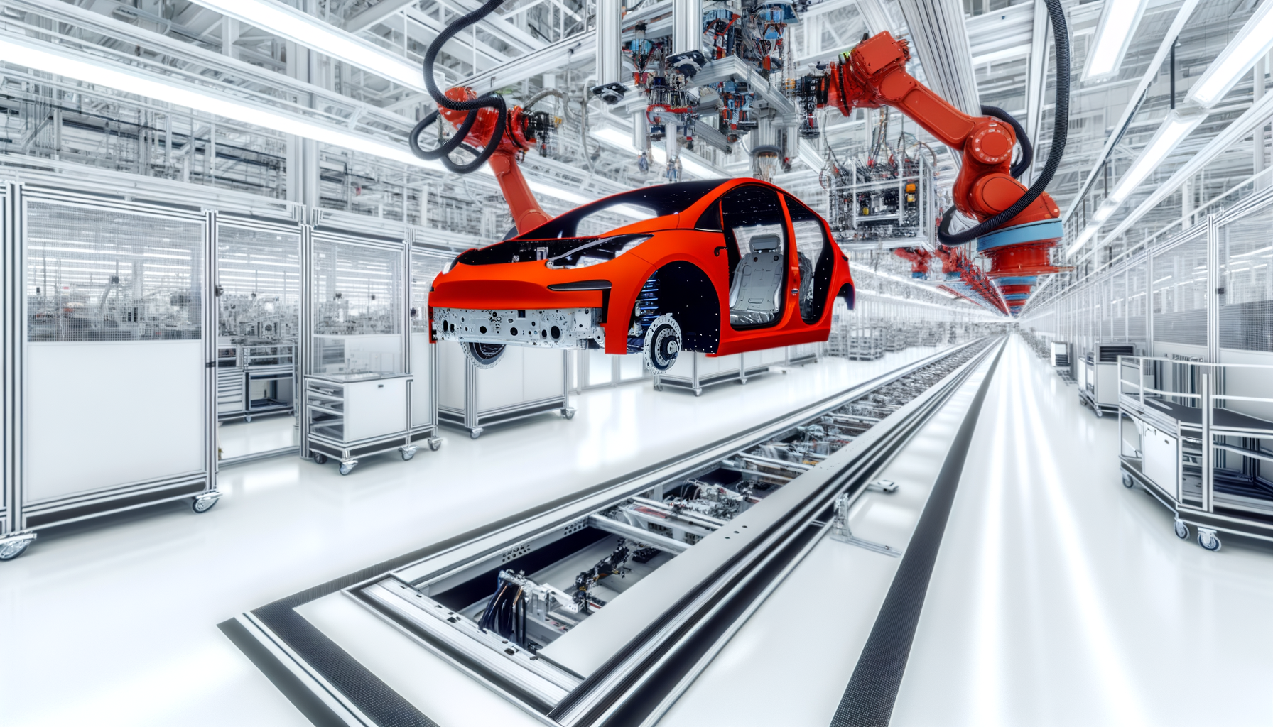 Tesla bilproduktion i højteknologisk fabrik med robotarme i arbejde