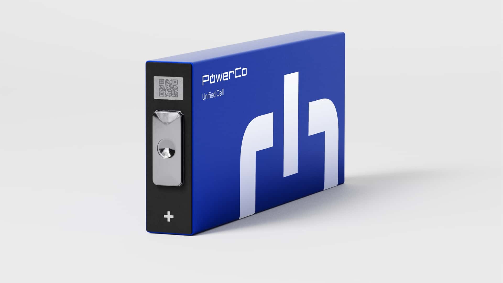 Blå PowerCo enhed til elbiler med plustegn og QR-kode