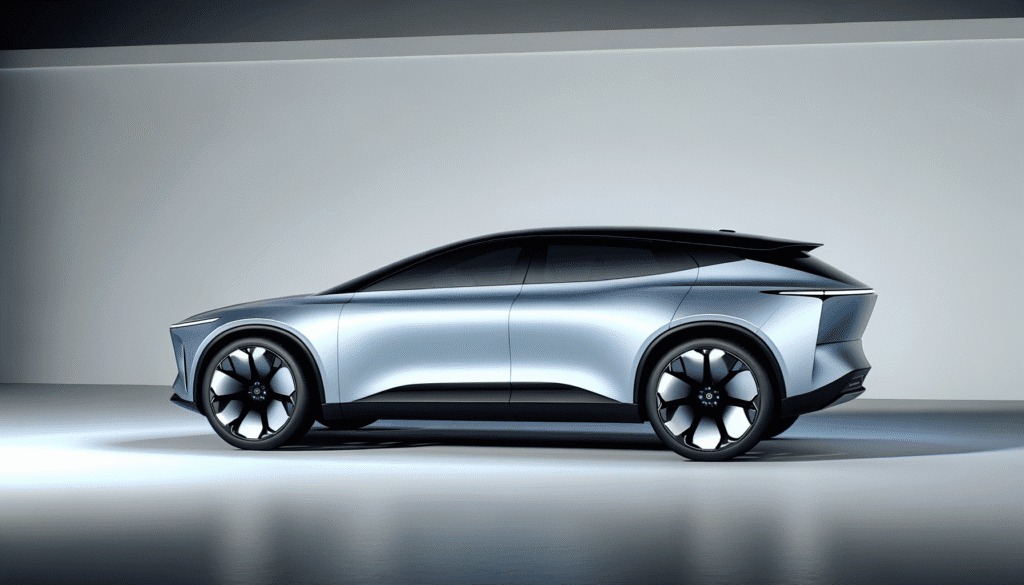 Futuristisk elbil i metallic sølv med aerodynamisk design og store hjul