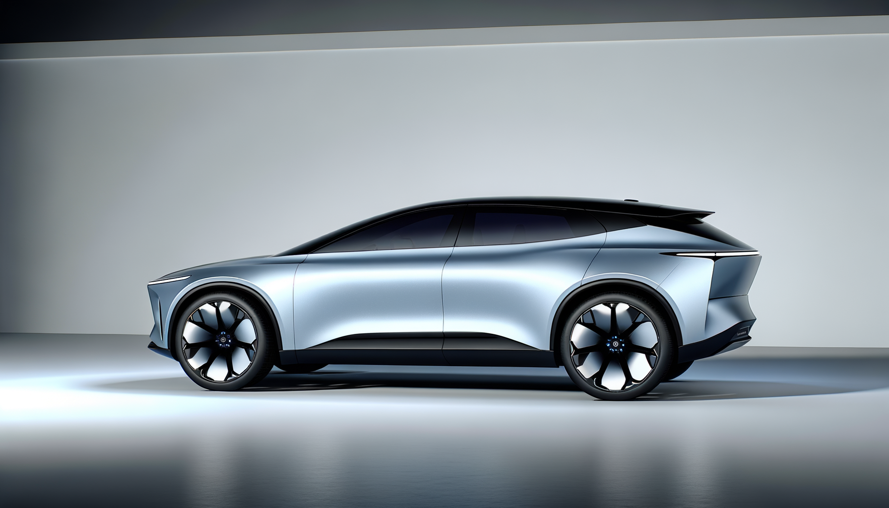 Futuristisk elbil i metallic sølv med aerodynamisk design og store hjul