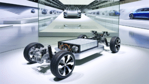 Nyt Tesla elektrisk køretøjs chassis og batteriudstilling på en messe