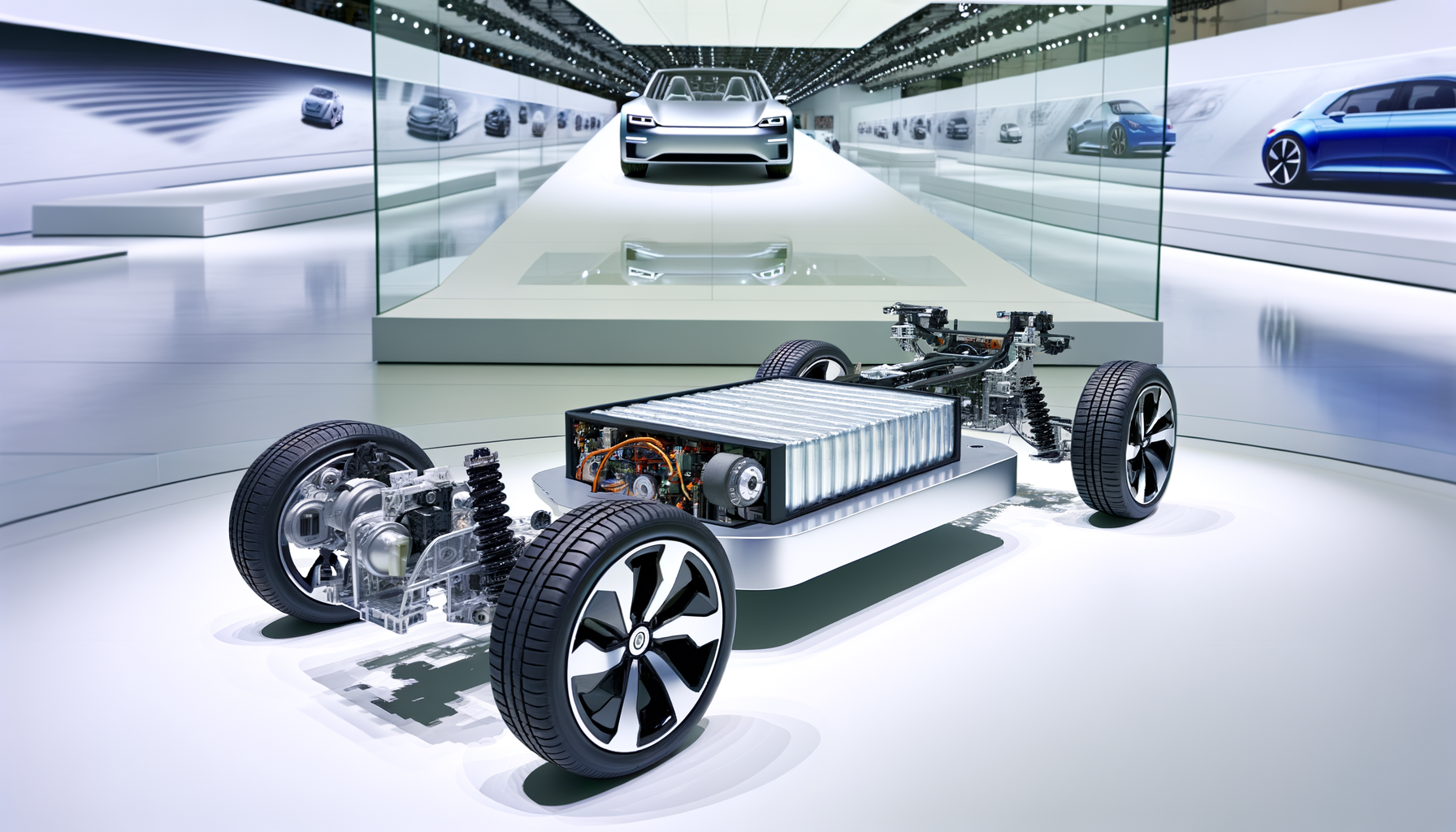 Nyt Tesla elektrisk køretøjs chassis og batteriudstilling på en messe