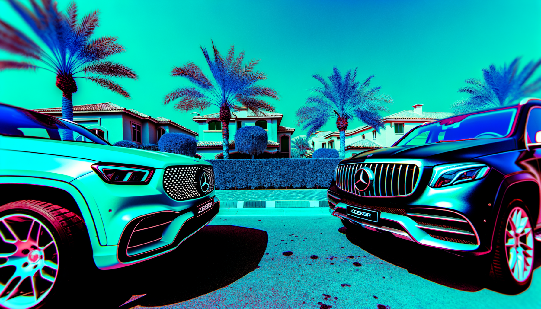 To moderne elbiler parkeret ved siden af hinanden i et eksklusivt boligområde med palmer i baggrunden