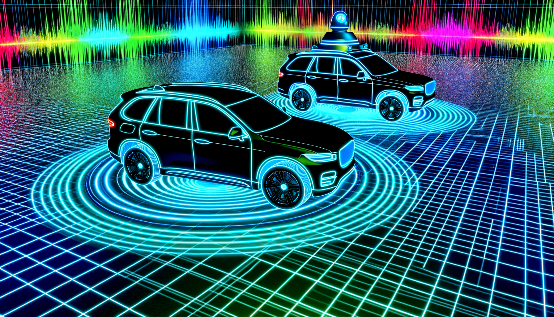 To elektriske SUV'er i moderne neongrafik med omgivende sensorer
