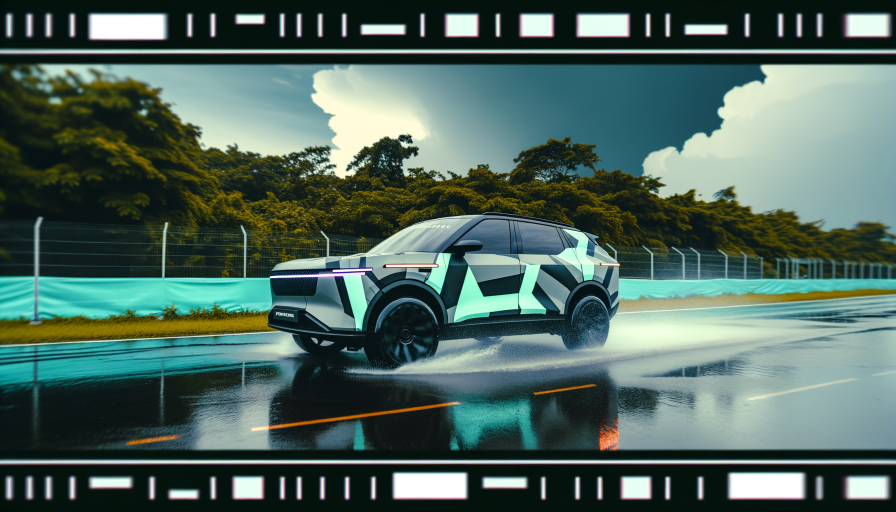 Futuristisk elektrisk SUV kører hurtigt på en våd vej omgivet af grøn skov