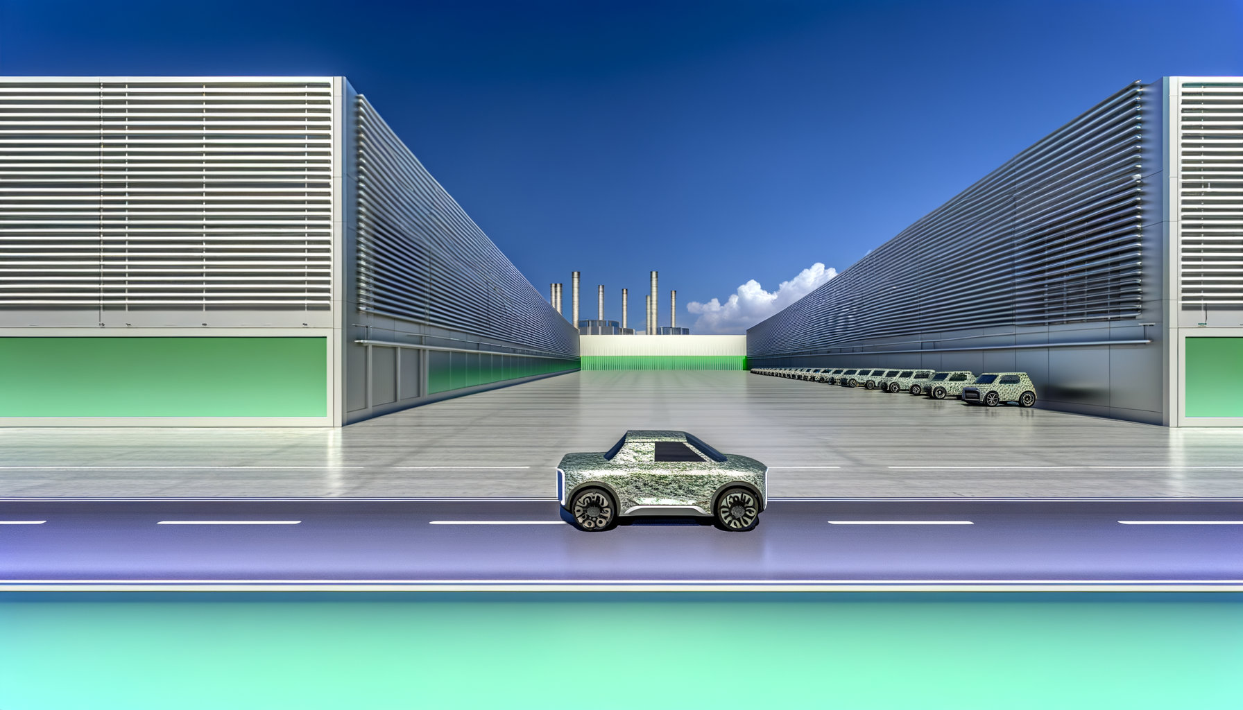 Futuristisk Tesla-elektrisk bil kører forbi moderne industribygninger på en solrig dag