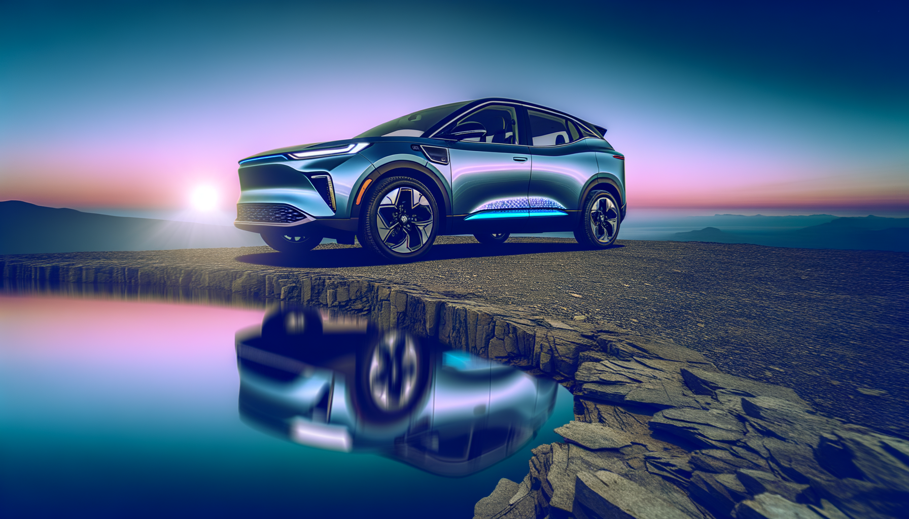 Moderne elektrisk bil ved en sø med solopgang i baggrunden