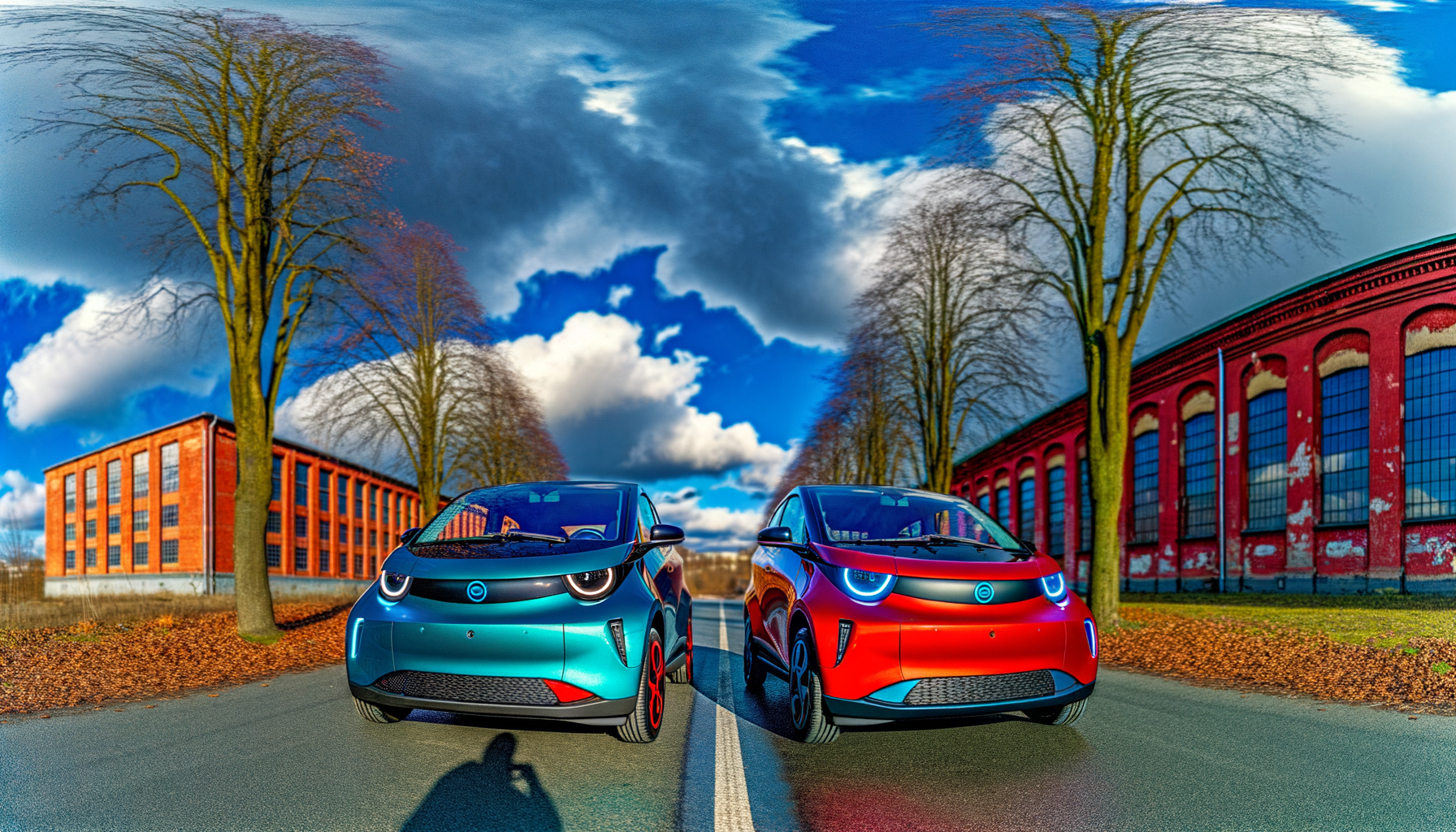 To elektriske bybiler parkeret side om side foran en gammel fabrikbygning under en skyet himmel