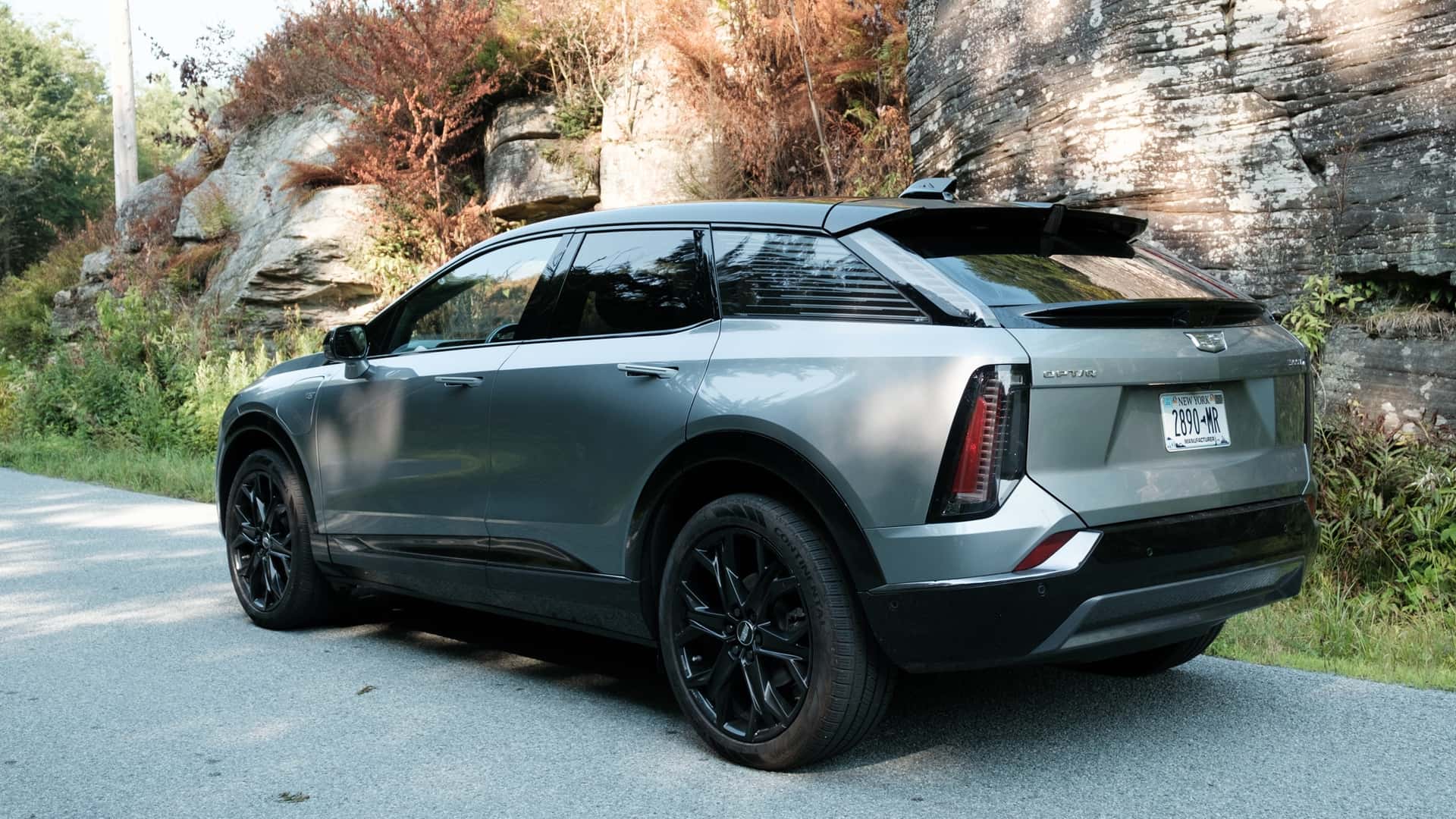 Elektrisk SUV parkeret ved siden af klippevægge og frodigt grønt område