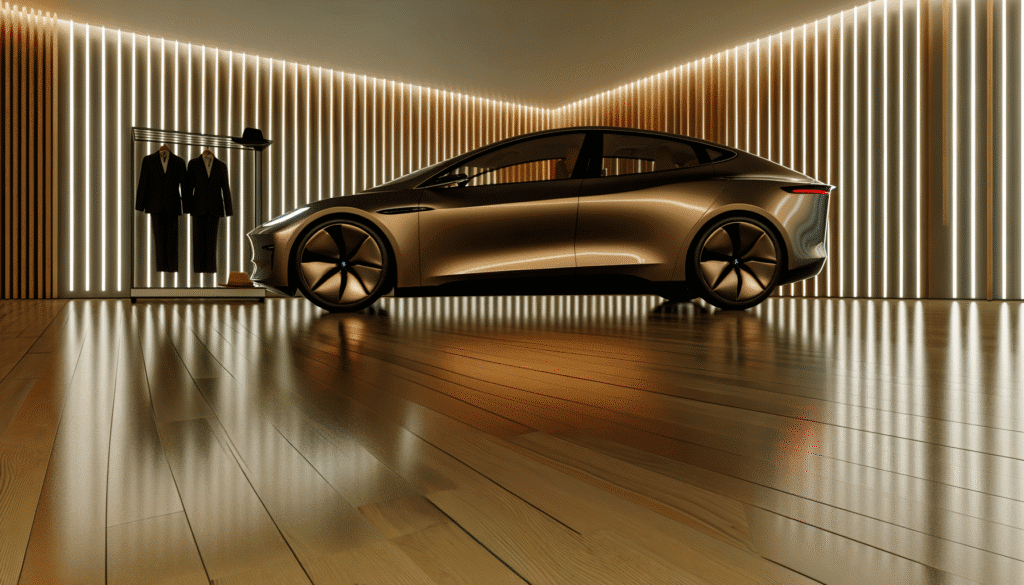 Elegant elbil i moderne showroom med trægulv og belysning