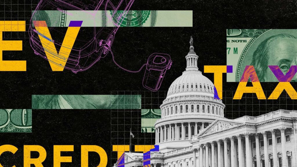 Abstrakt illustration af elbil og finansielle elementer, herunder penge og regeringsbygninger.