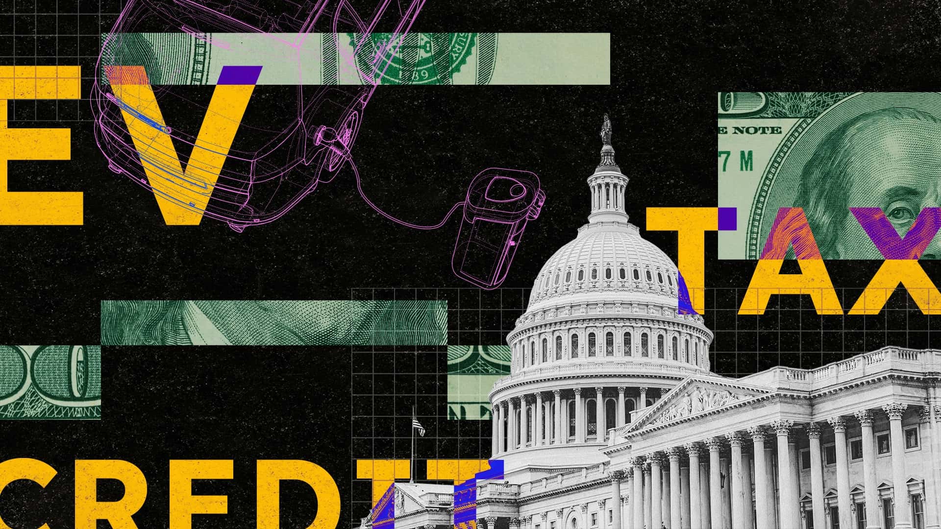 Abstrakt illustration af elbil og finansielle elementer, herunder penge og regeringsbygninger.