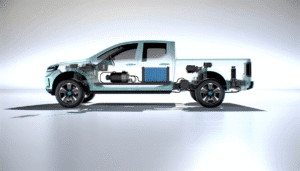 Gennemsnitlig visning af elektrisk pickup truck med synlige indvendige komponenter