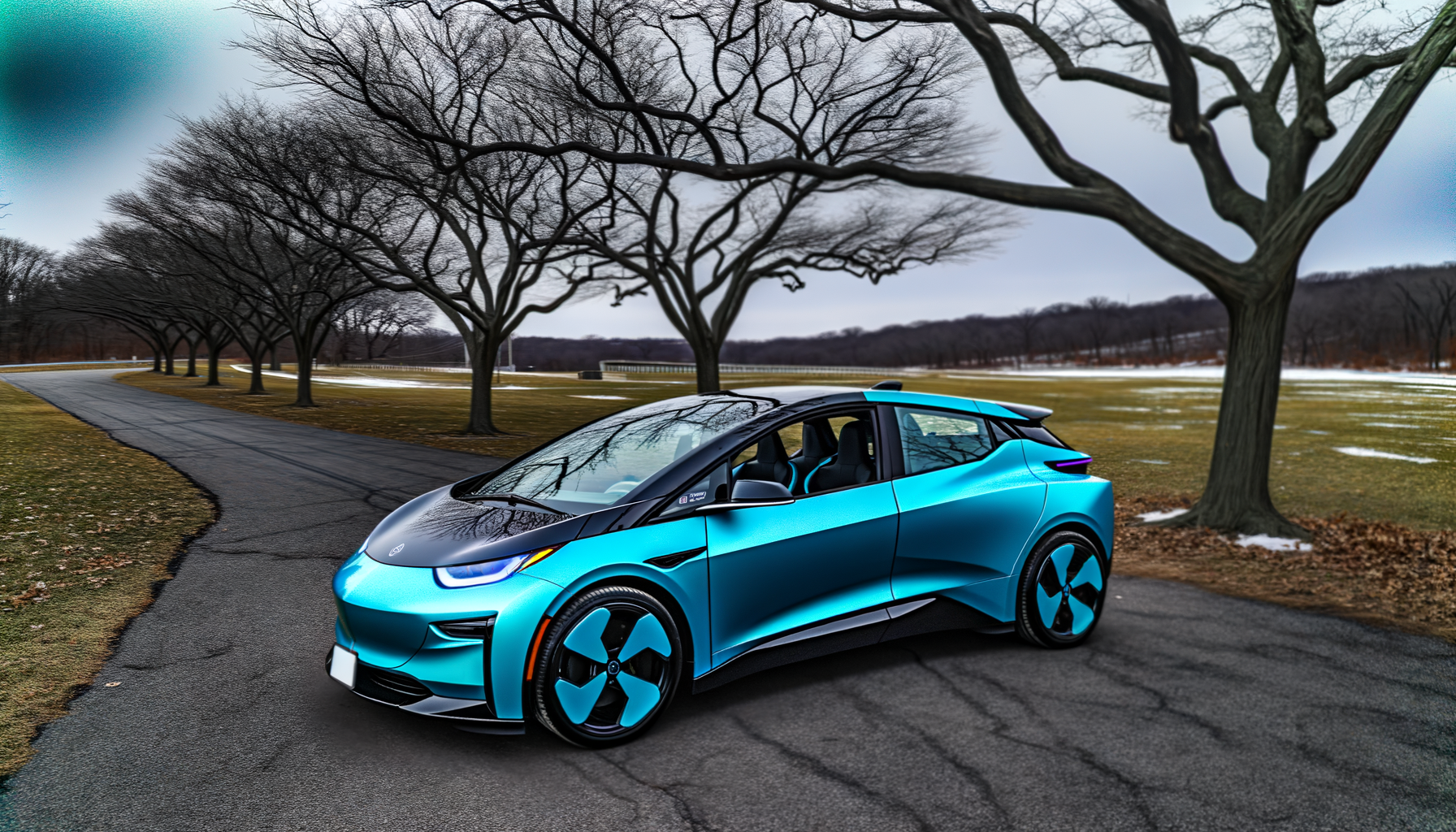 Elektrisk bil i skinnende blå farve parkeret på en skovvej om vinteren