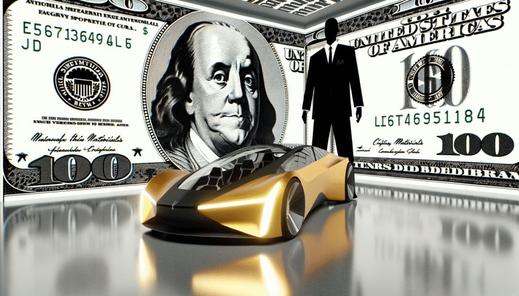 Futuristisk Tesla-konceptbil foran et stort dollar-billede