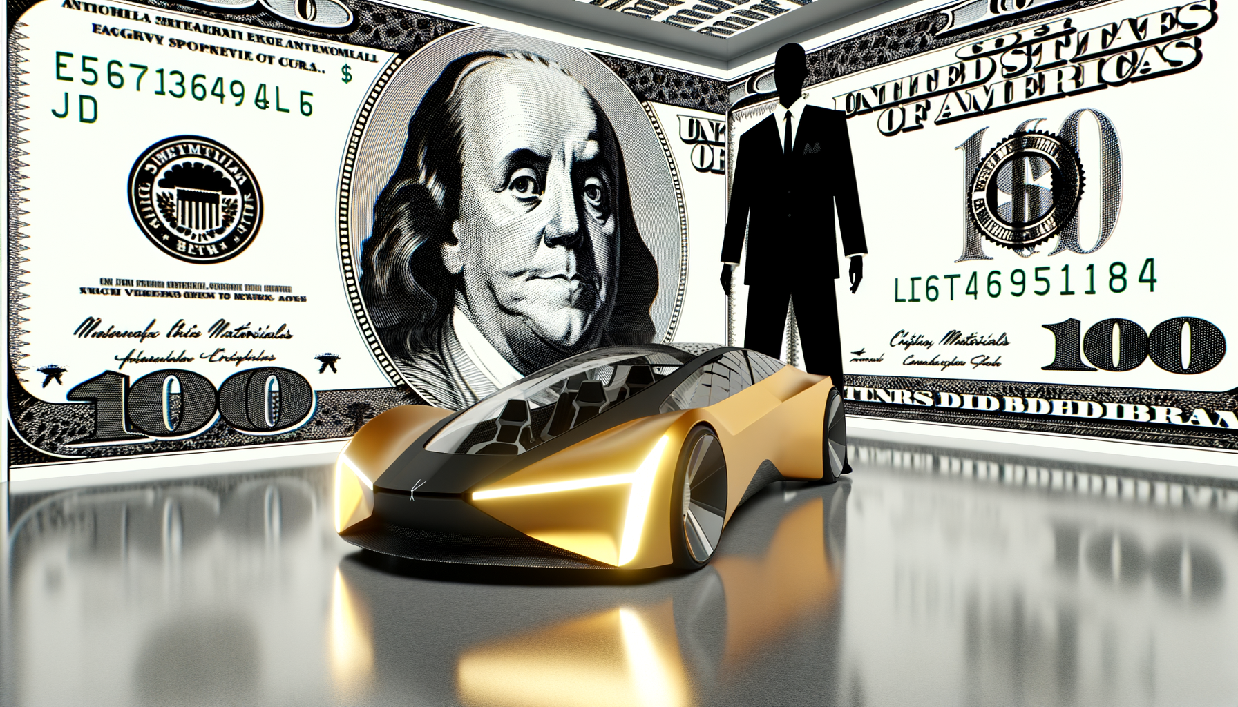 Futuristisk Tesla-konceptbil foran et stort dollar-billede