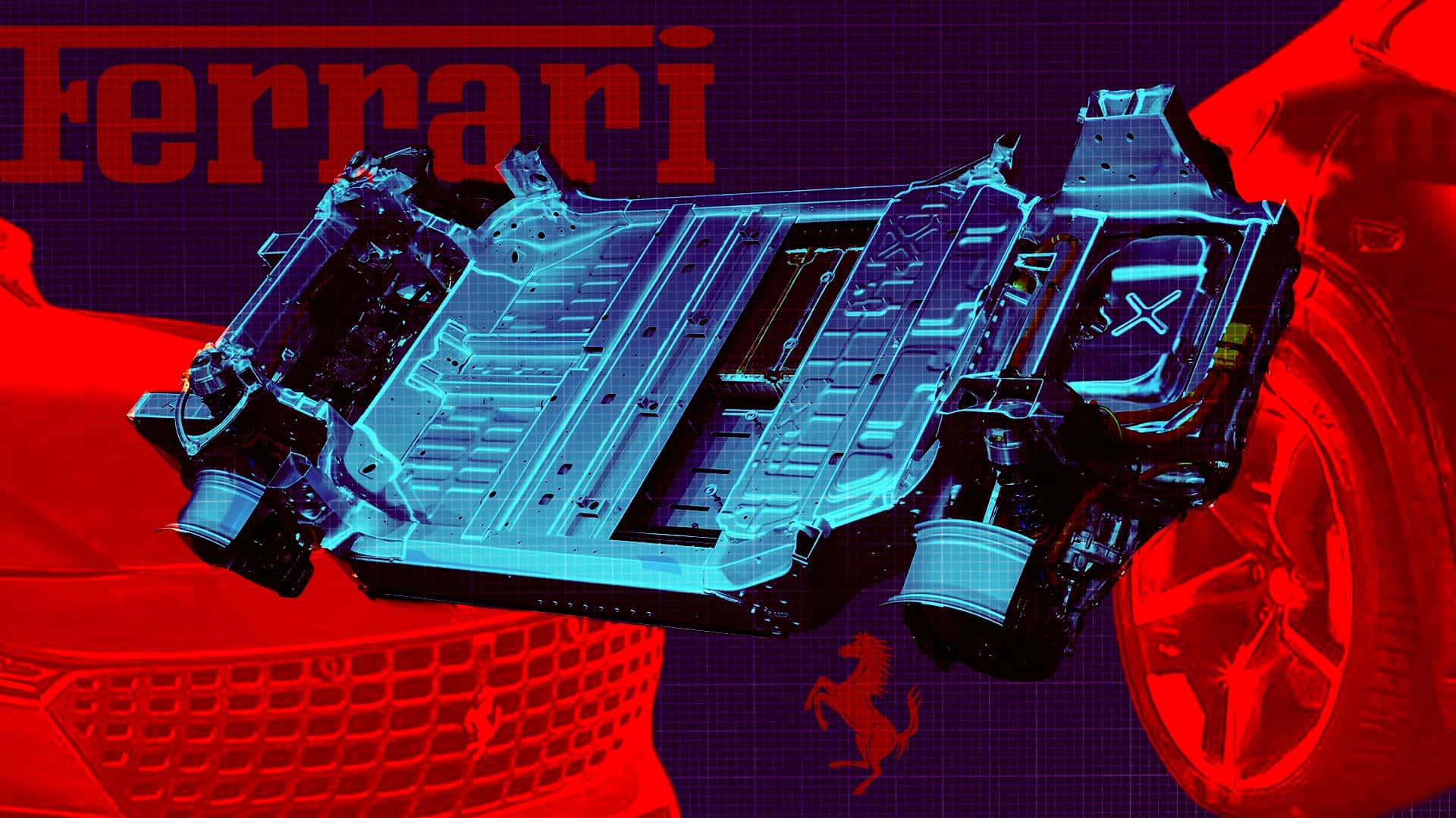 Tesla-batteri på skematisk baggrund med røde Ferrari-elementer