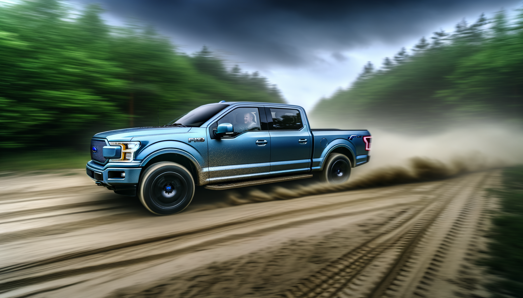 Blå elektrisk pickup-køretøj kører hurtigt i skovlandskab