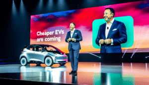 Person står foran et billede af en elektrisk bil med teksten 'Cheaper EVs are coming'.