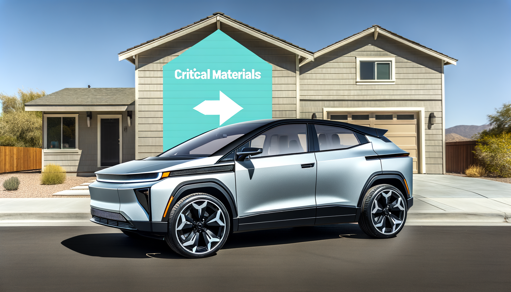 Futuristisk elbil parkeret foran hus med skilt om kritiske materialer