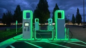 Elektriske ladestationer oplyst i grønt om natten, klar til brug til elbiler.