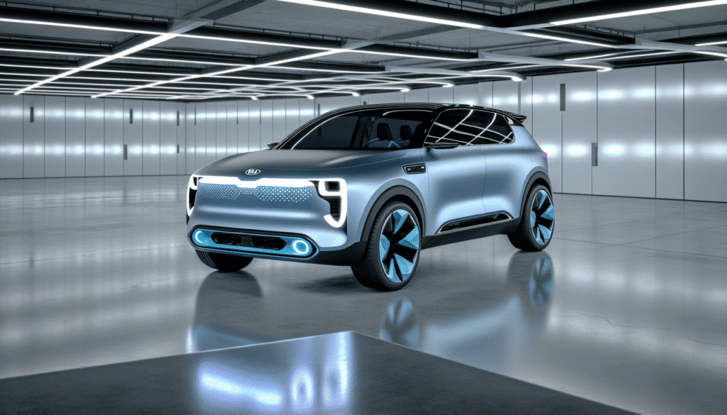 Futuristisk elektrisk SUV i et moderne showroom