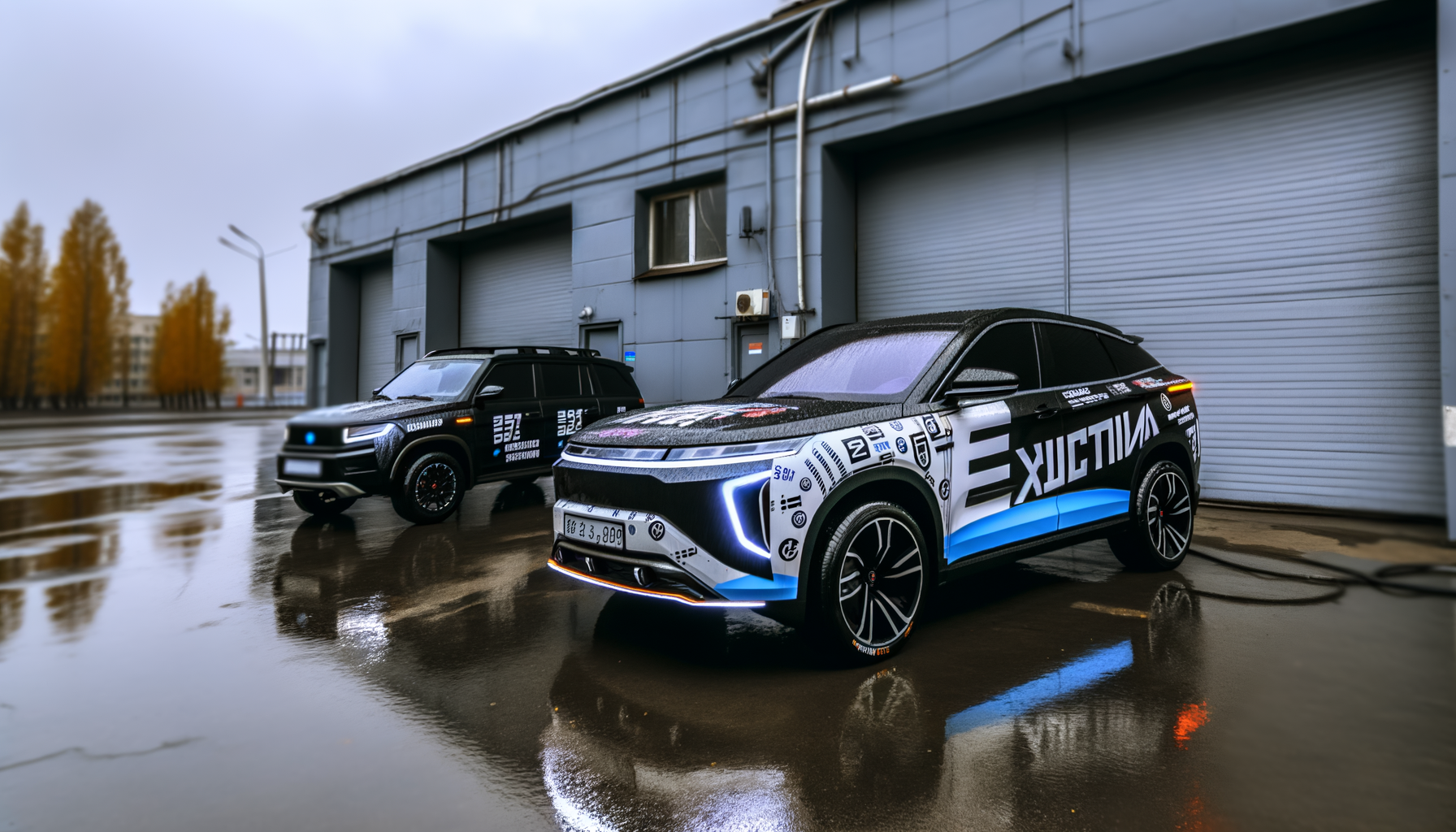 To elektriske biler parkeret foran en garage på en regnfuld dag