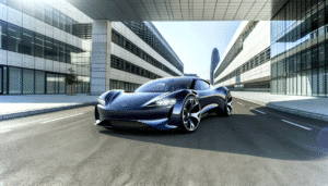 Futuristisk elbil i moderne bymiljø