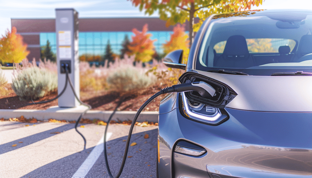 Elbil oplader ved ladestation på solrig dag med efterårsfarver