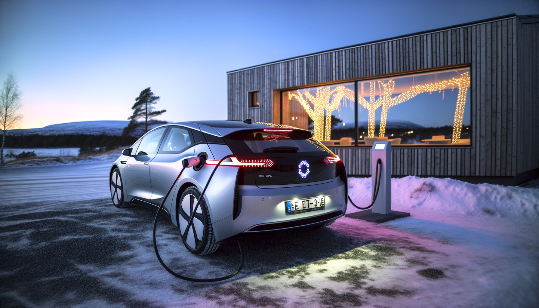 Elektrisk bil lader ved en ladestation foran et moderne hus med lysdekorationer i vintersne
