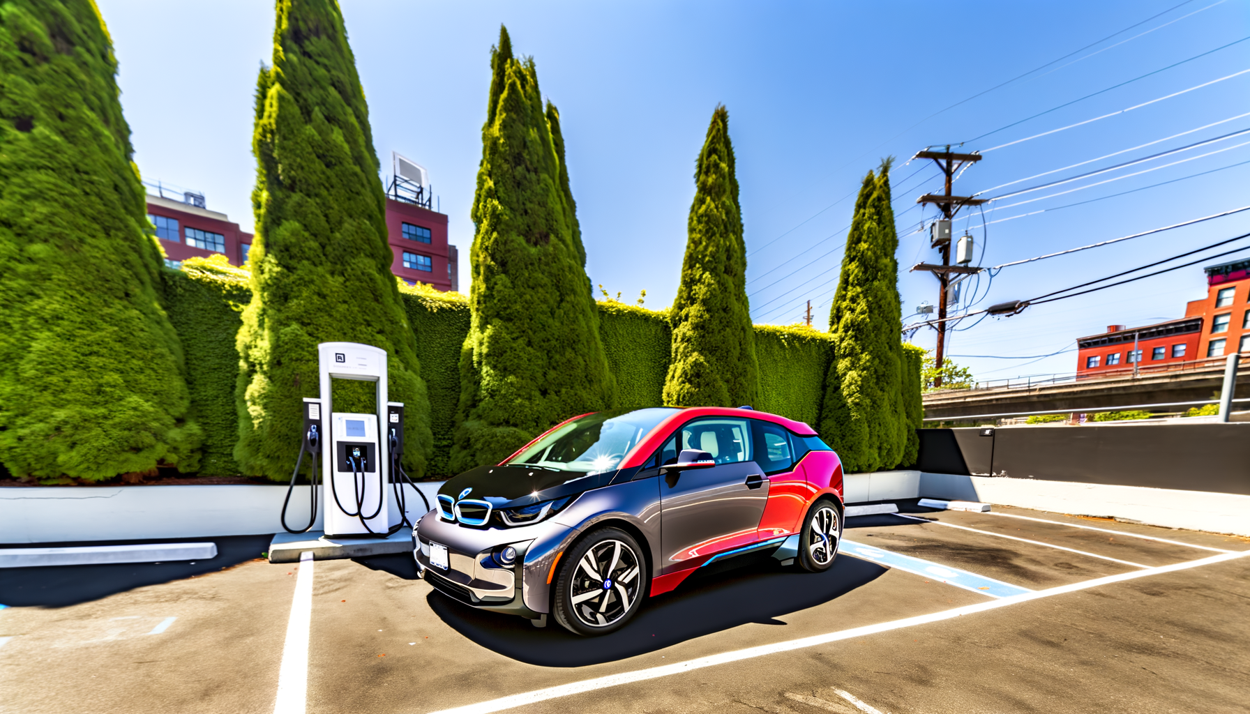 Elektrisk bil ved ladestation i solrigt bymiljø