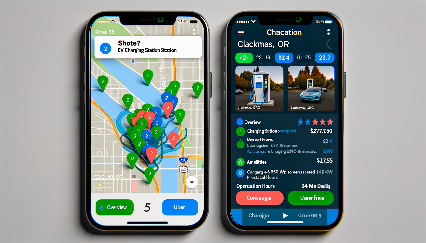 To smartphones med en app, der viser kort over ladestationer for elbiler i Clackamas, Oregon