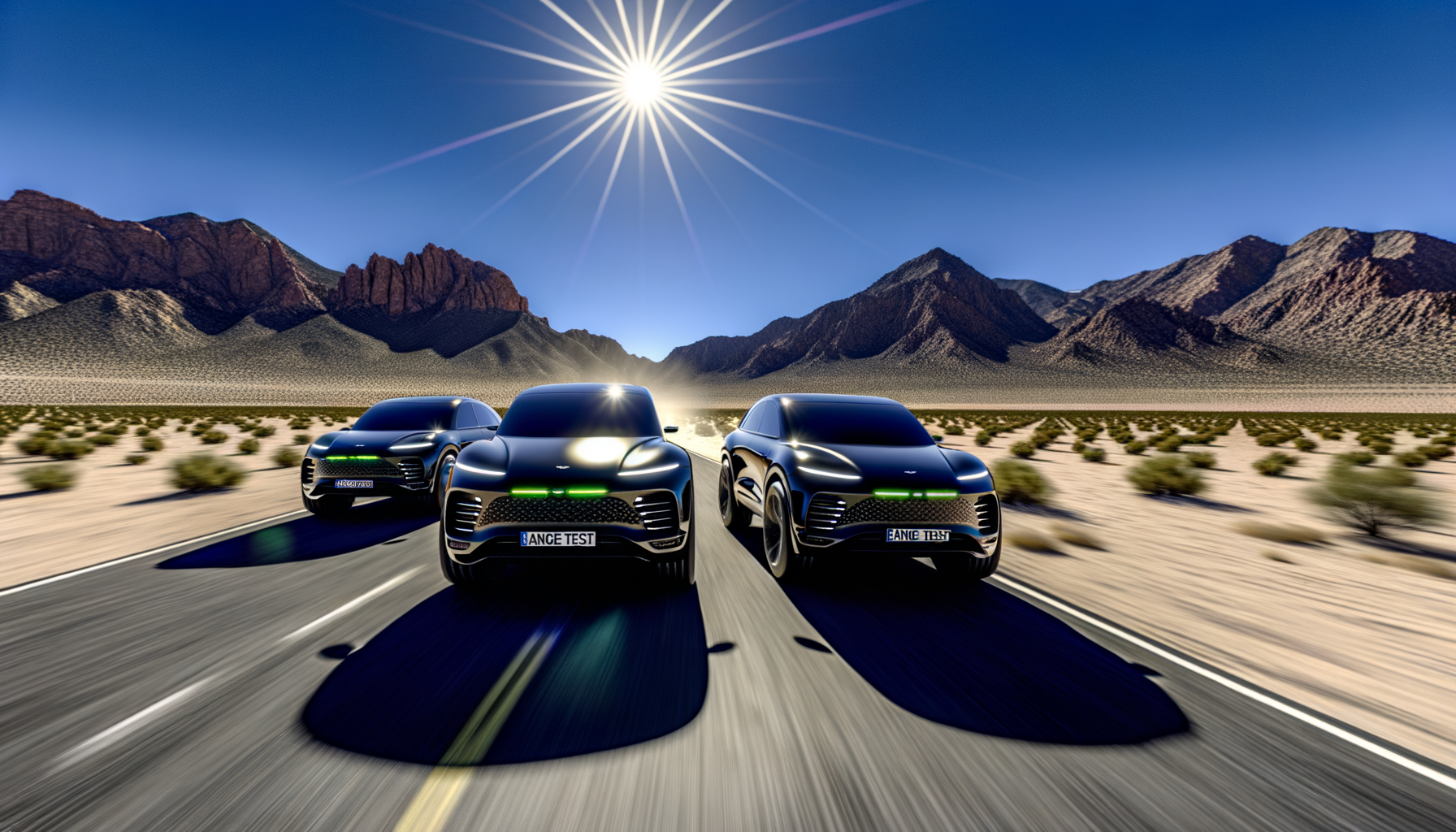 Tre Tesla-biler kører i ørkenen i stærkt sollys